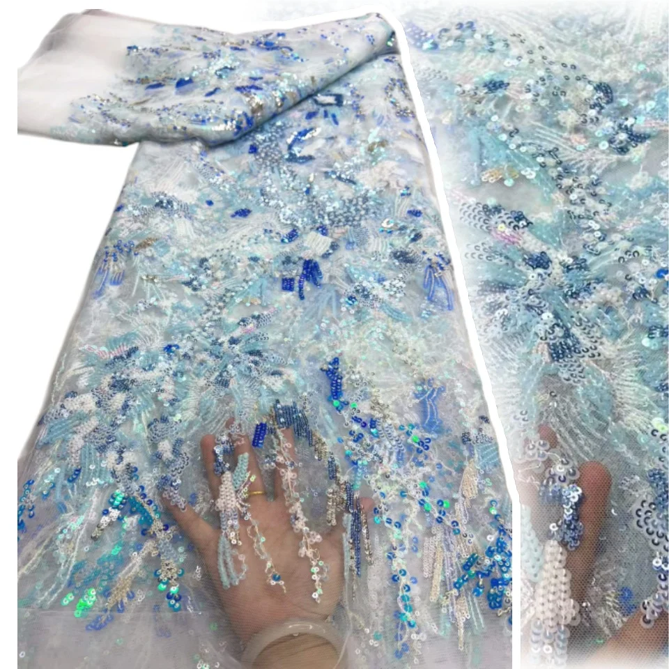 

Style Austrian Diamond Beaded Lace Nigerian Stone Sequins Lace Fabric African Lace Fabric for Wedding Evening Dress Sewing 2714