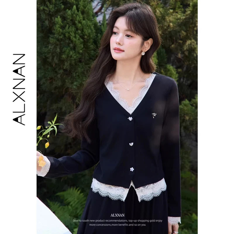 

ALXNAN Black V-neck T-shirt Faux Two-Piece Lace Spliced Slit Design Long Sleeve Tees Women 2026 Spring Female Clothing L62106
