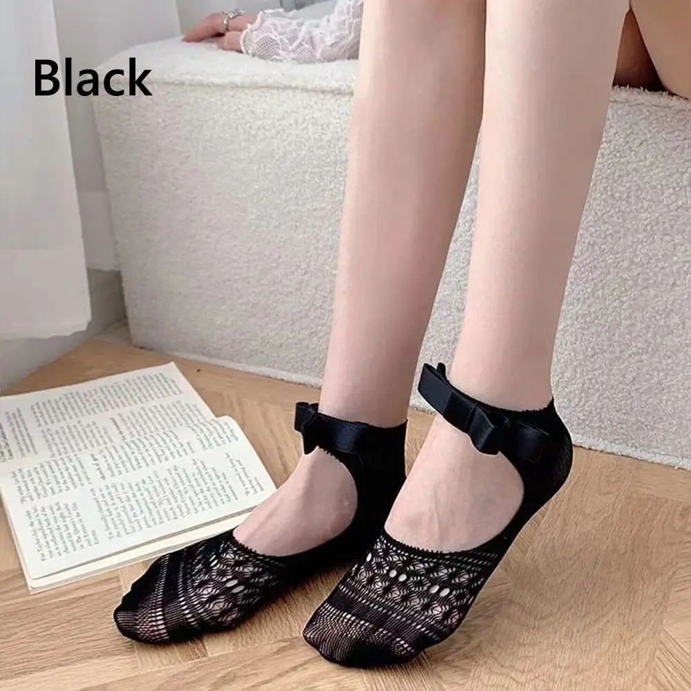 

New Breathable Bowknot Socks Solid Color Y2K Short Socks Daily Wear Hollow Cotton Socks Spring Summer