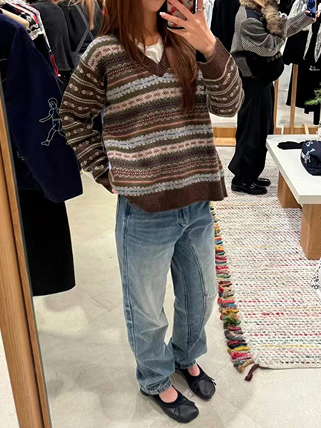 

Early Spring Fair Isle Stripe Wool Knitted Patchwork Silk Cotton V-ne Sweater Soft Double Knit Long Sve Women'...