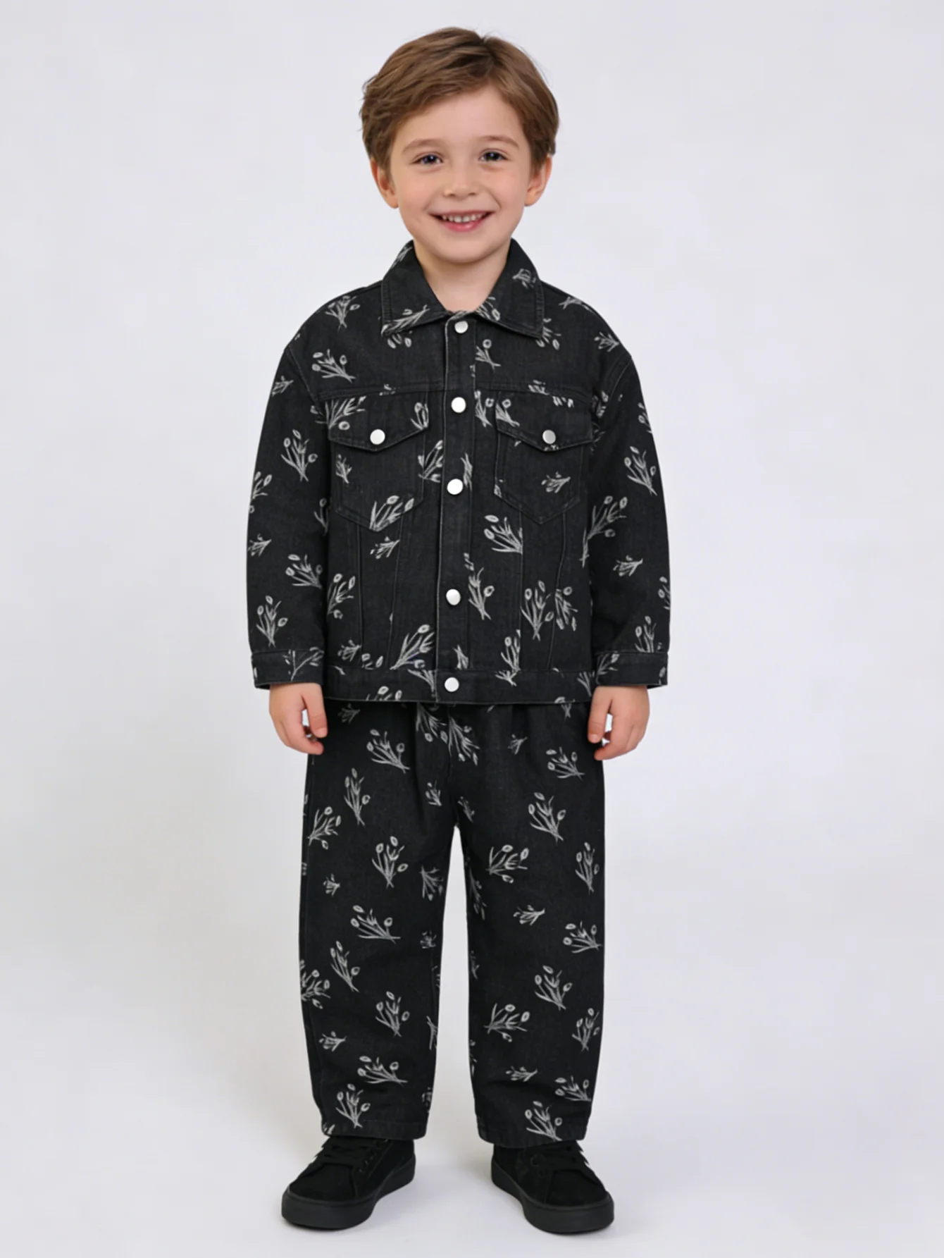 

Boys Floral Print Denim Set Kids 2 Piece Jacket and Pants Children Vintage Loose Fit Outfit 2026 New