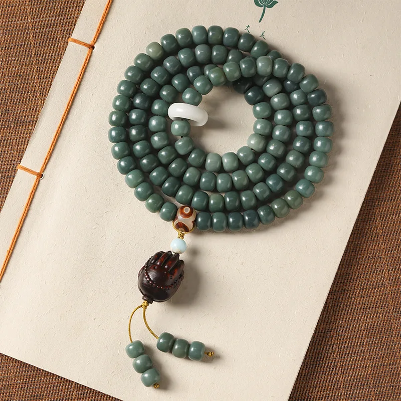 

High Polished Old-Style 108 Round Plump Bodhi Root Prayer Beads Bracelet with Red Sandalwood Buddha Hand Tassel