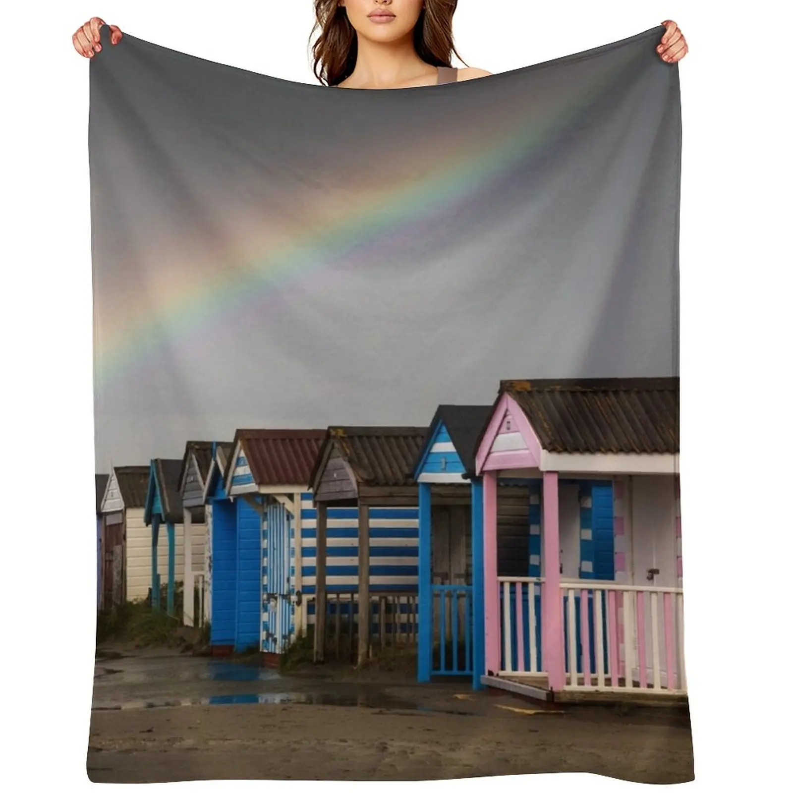 

Rainbow over the Beach Huts Throw Blanket Extra Large Throw warm winter Beach Cute Plaid Blankets