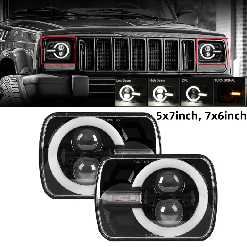 

5x7 7x6 Inches LED Headlights High/Low Beams with DRL+Turn Signals Lamp For Jeep Wrangler YJ Cherokee XJ