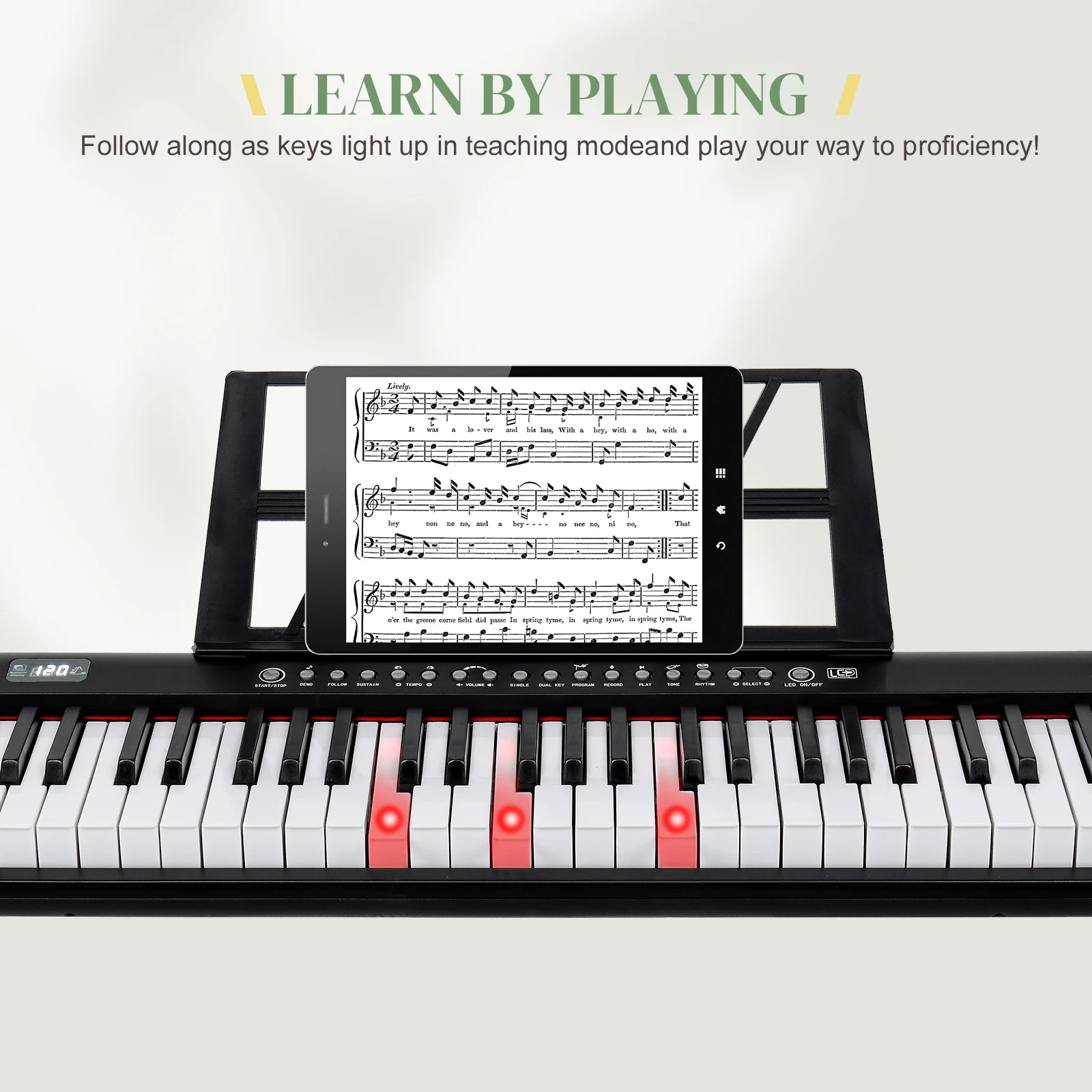 Gcindy GEP-109-teclado con iluminación de 61 teclas, dispositivo con soporte para Piano, micrófono, pantalla LED, 3 modos de enseñanza para principiantes