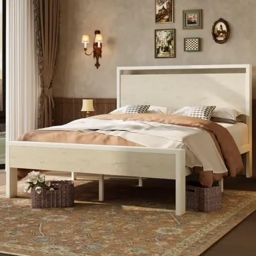 14 Inch Queen Metal Platform Bed Frame with Wooden Headboard and Footboard, No Box Spring Needed, Large Under Bed