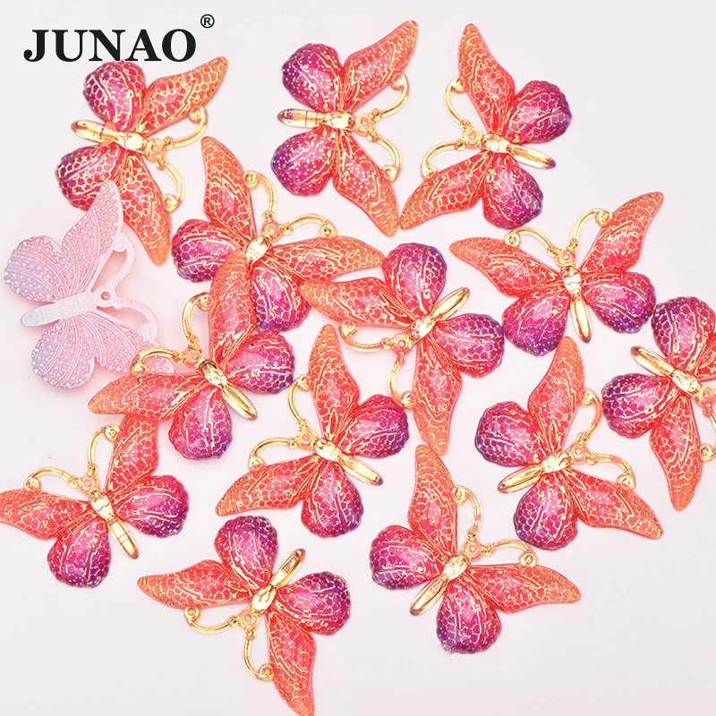 JUNAO 25*38mm Purple AB Sewing Butterfly Rhinestones Crystal Stones Applique Flat Back Resin Scrapbook Strass For Crafts