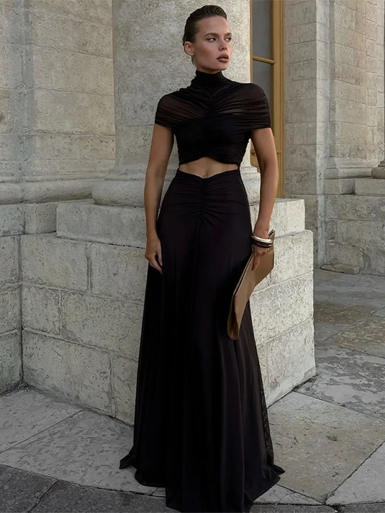 Women Cutout Maxi Dress Solid Mesh Yoke High Neck 2025 Evening Elegant Women Vestido Fashion Glamorous Lady Party Gown