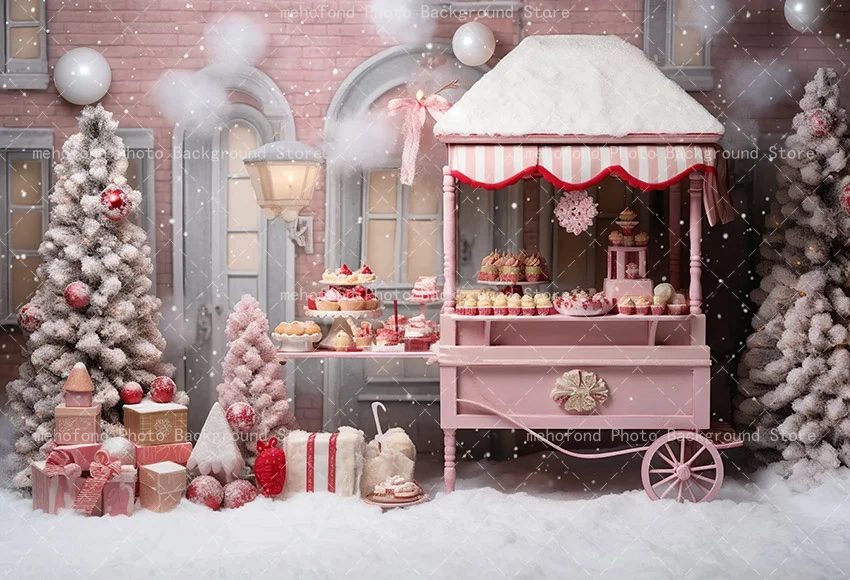 Mehofond التصوير خلفية الشتاء هدية الكريسماس بالون أحمر كريم كعكة الوردي الجدول الاطفال الأسرة صورة خلفية ديكور