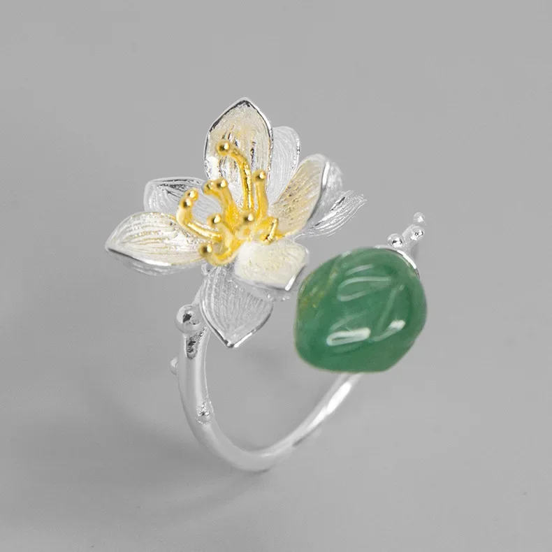 

Lotus Language Beautiful and Natural S925 Sterling Silver with Jade Women's Open Ring Flower
