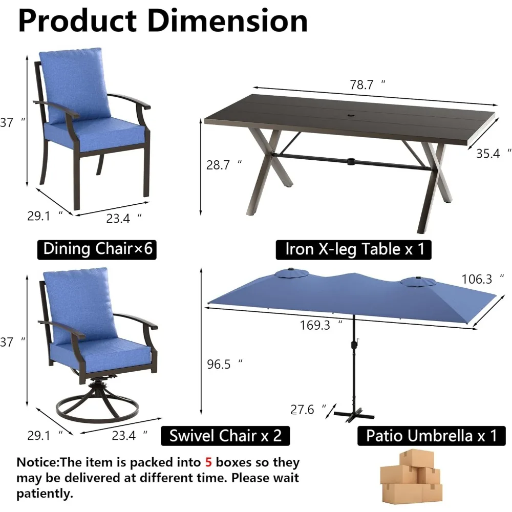 طقم طاولة طعام 10 قطع لـ 8 مع مظلة فناء كبيرة بطول 15 قدم (كحلي)، كراسي خلفية بنمط السياج، كراسي دوارة وطاولة حديدية طويلة