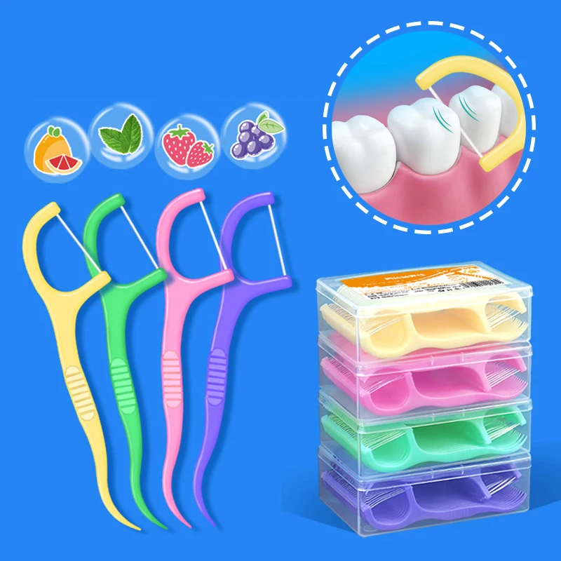 

50Pcs/Box Fruit Flavor Dental Floss Pick Tooth Cleaning Inter-dental Brush High Tensile Force Portable Teeth Stick Hygiene Care