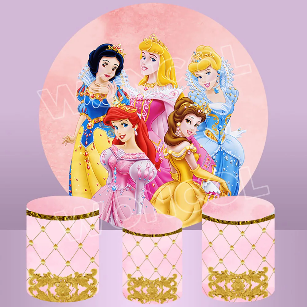 Disney Princess Circle Cover Aurora Snow White Belle Ariel Cinderella Birthday Backdrop Princess Birthday Cylinder Cover Decor