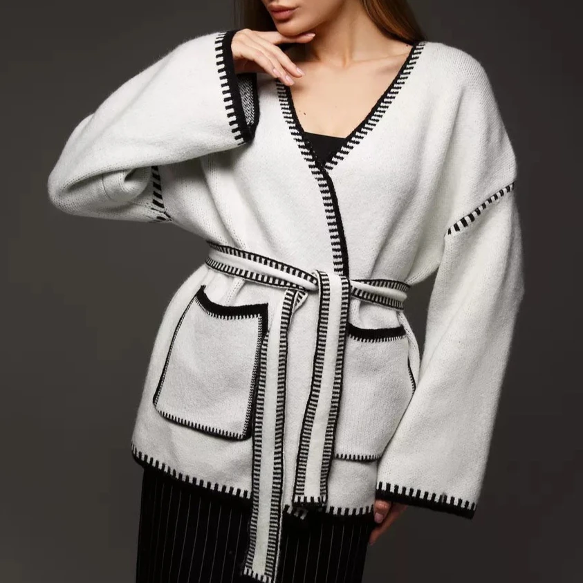 

Вязаный кардиган на шнуровке, осень-зима 2022, новый свободный свитер средней длины в европейском/американском стиле с цветными блоками