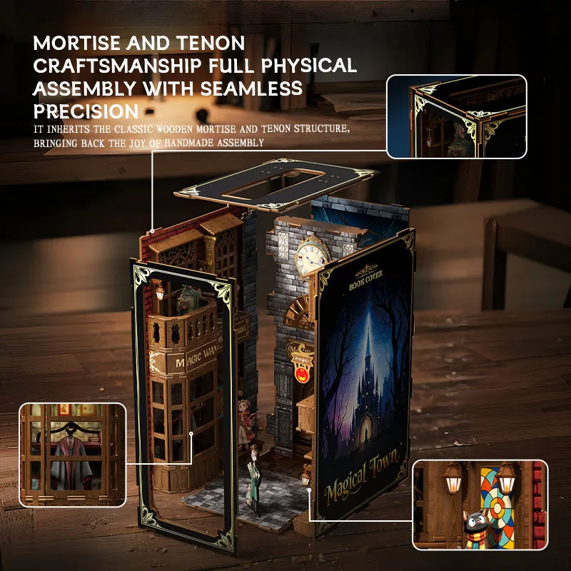 2025, Buchecke, Modellbausatz, Magic Town House Kit, 3D-Holzpuzzle, Dekoration, Geschenk mit LED-Leuchten, Weihnachts- und Geburtstagsgeschenke, Spielzeug