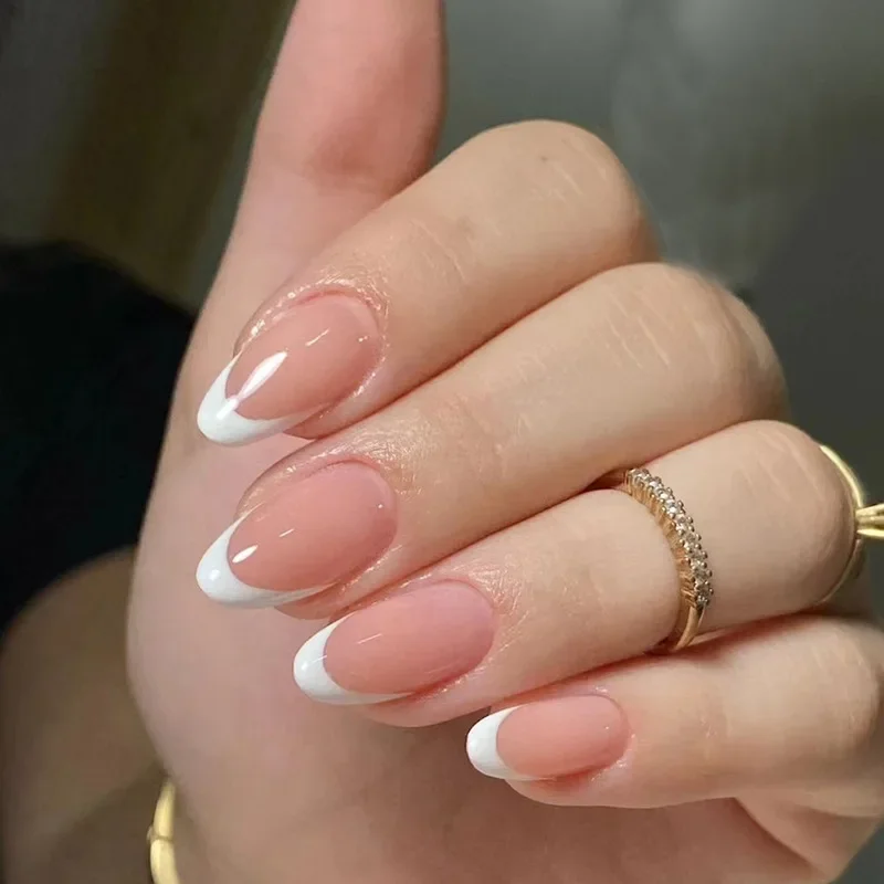 French False Nails Almond Fake Nails with Glue Press on White Edge Design Wearable Simple Ins Pink Stiletto Nail Tips