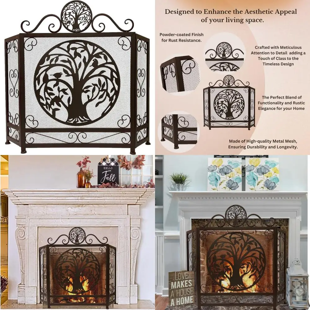

Rustic Tree of Life Fireplace Screen - Brown Decorative 3-Panel Cover for Standing Fireplaces