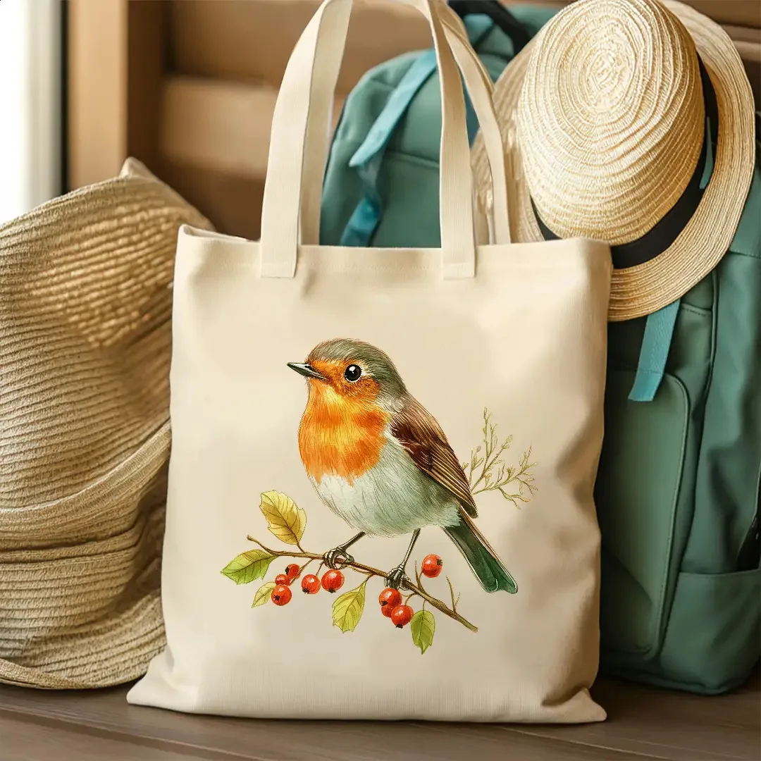A Cardinal berry pattern print canvas tote bag, suitable for daily use, shopping, school, and travel