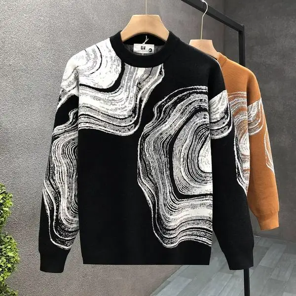 

Men's Slim Fit Long Sve Knitted Sweater round Ne Geometric Pattern Casual Warm Top for Autumn Winter Season