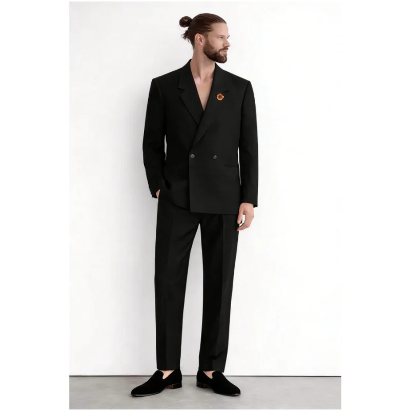

Black Men Suits Smart Casual Daily 2 Pieces Notch Lapel Double Breasted Wedding Groom Prom Tuxedo Blazer Custom Male Clothing