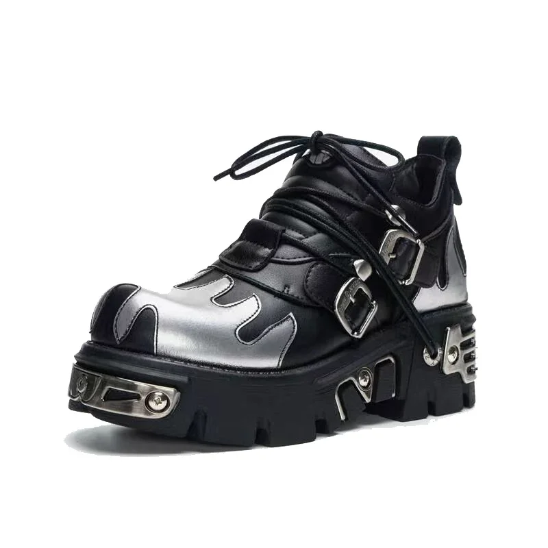 

Мужские мотоциклетные кожаные ботинки на платформе, женские металлические кроссовки до щиколотки в стиле панк, женская повседневная обувь в готическом стиле, кроссовки на толстой подошве