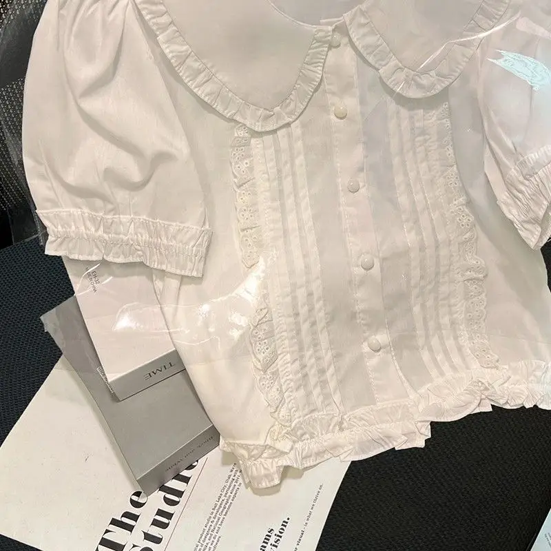 2024 Korean Chic Small Doll Design Feeling Lace Puff Sleeve Minus Age Joining Together With Collar Short top Solid color Z902