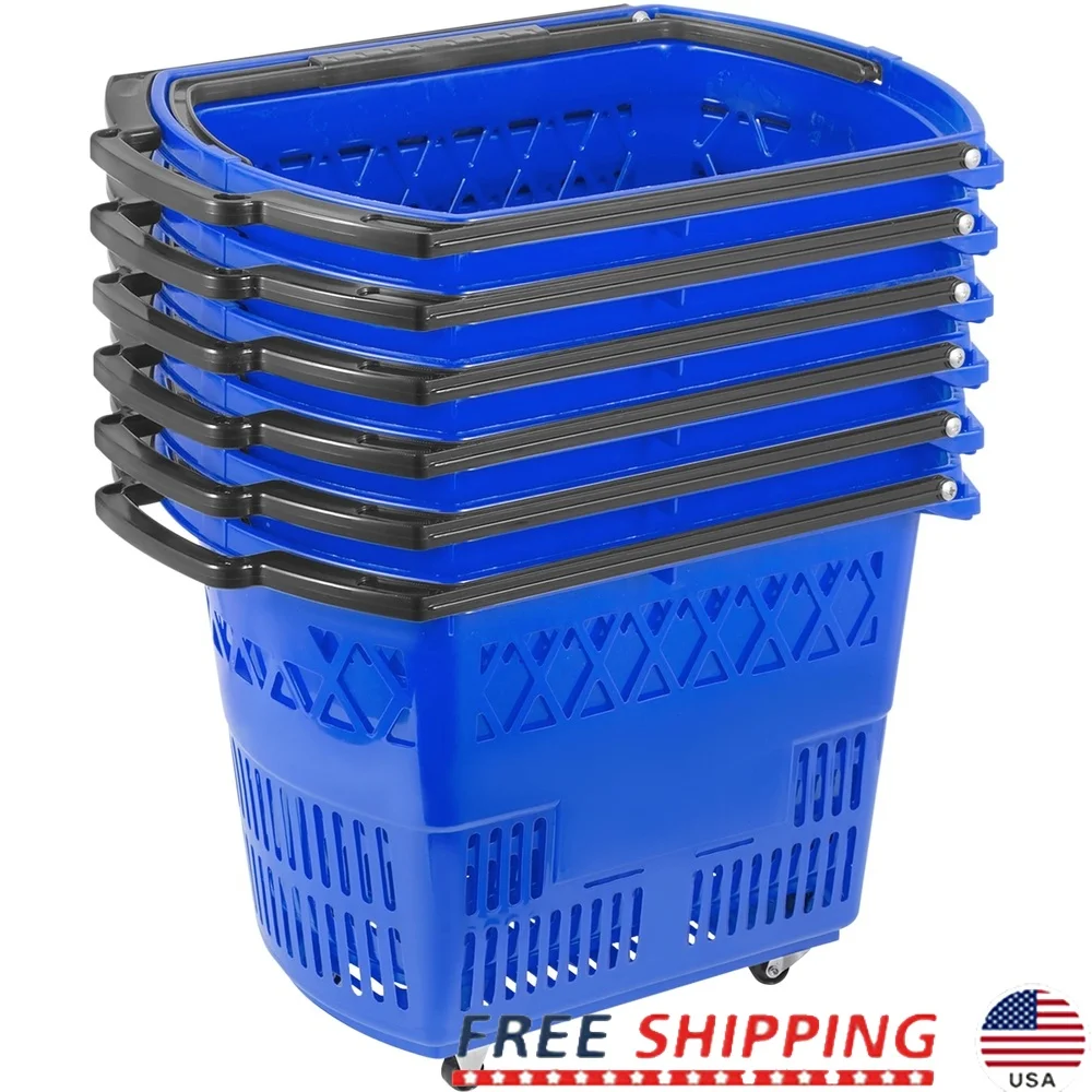 

Комплект из 6 корзин для покупок с ручкой и роликами. Легкие корзины для хранения из полипропиленового материала. Товары для супермаркетов.