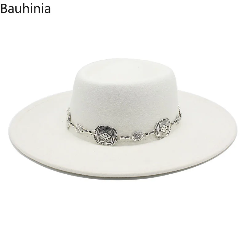 Bauhinia White Felt Fedoras Hat For Women 9.5cm Big Brim New Formal Church Wedding Cap Concave Flat Derby Hats