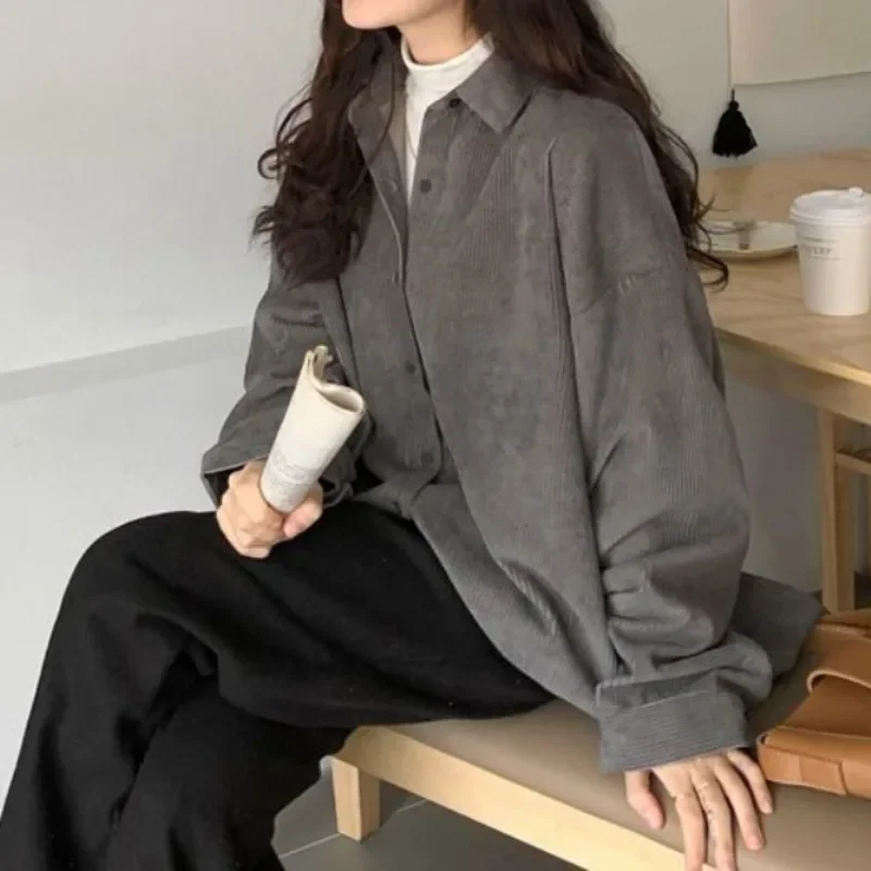 Shirts Frauen Solide Unisex BF Stil Herbst Kleidung Tops Freizeit Beliebte Blusas Ulzzang Japanische Mode Cord Baggy Alle-spiel