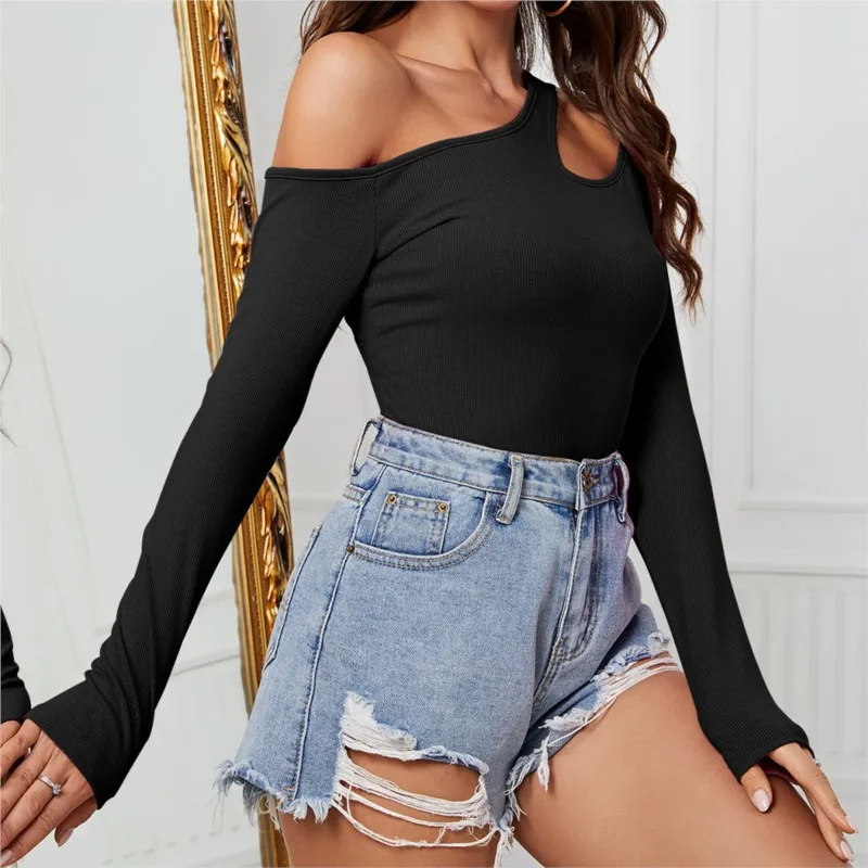 Slanted Off Shoulder Long Sleeved Irregular Knitted Women's T-shirt  Slim Fit Design Top For Women Roupas Femininas Woman Tops