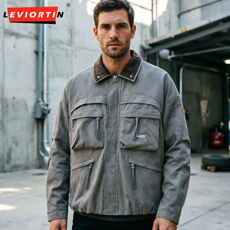 Men's Vintage American Multi-Pocket Workwear Jacket, Techwear Style Loose Fit Zip-Up Coat with Chest Pockets