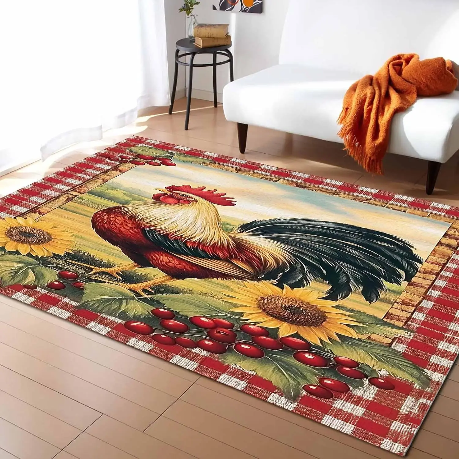 

Красный Петух Цветы Яйцо Моющиеся Коврики Винтаж Стиль Ферма Петух Красный Плед Нескользящие Коврики Для Гостиной Спальни Низкий Ворс