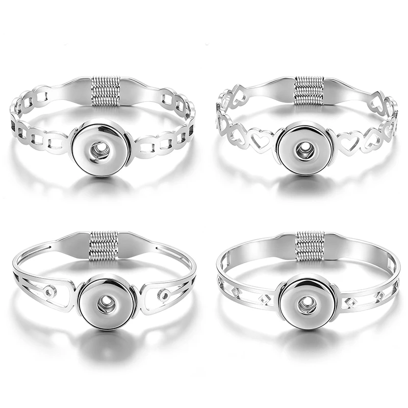 New Stainless Steel Hollow hearts Moon Bracelet Front Buckle Style Fashion Cuff Metal Bangle Fit 18mm Snap Buttons DIY Jewelry