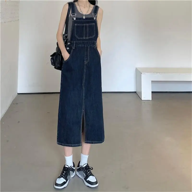 

Dark Blue Denim Strap Dress Women Spring Summer Suspender Strap Sleeveless Jean Dress Mid-length Casual Dress