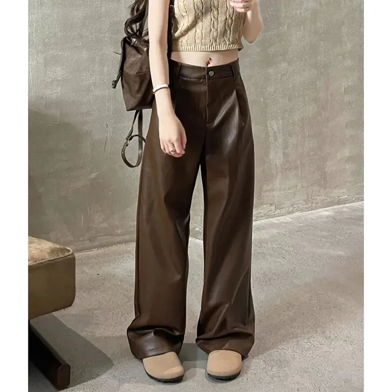 المرأة الكورية الرجعية فضفاضة بولي Pants السراويل الجلدية ، الإناث Trousers طويلة غير رسمية ، مرونة عالية الخصر ، واسعة الساق ، الربيع ، الخريف ، جديد ، 2022