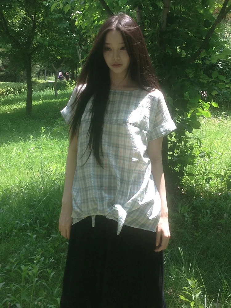 

Sweet Youthful Women's irt Korean Sle Loose ort Sve Plaid Pattern Knot Tied Vintage Cheered Top for Ladies