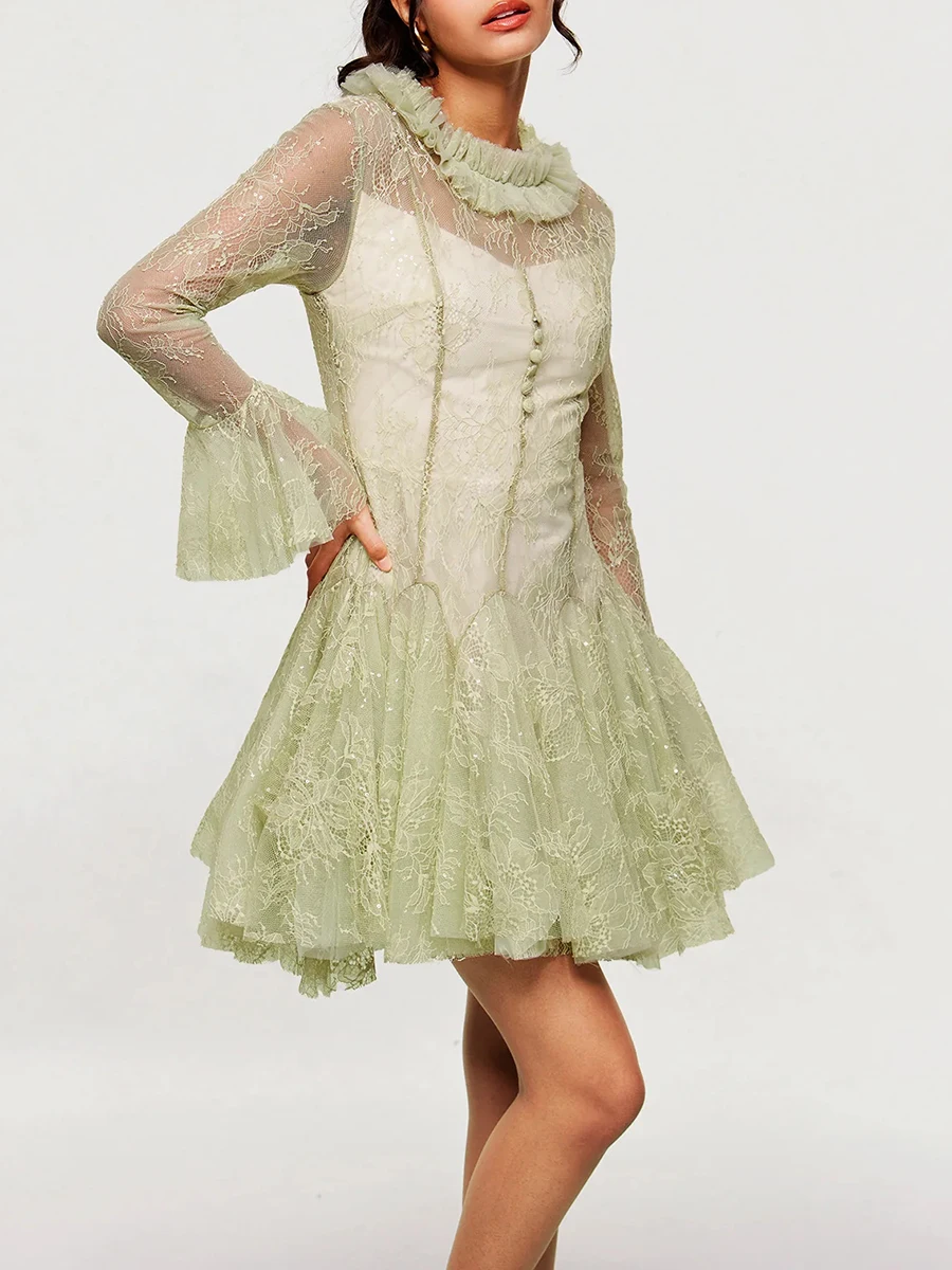 VGH Luxury Celemony Patchwork เย็บปักถักร้อย Tutu ชุดผู้หญิง O คอ Ruffles แขนยาวเอว Spliced SHEER ตาข่ายชุดหญิง
