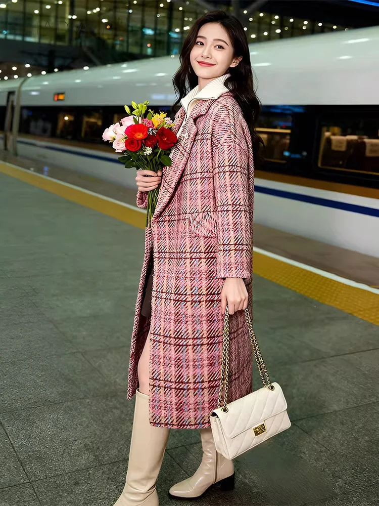 New Women Pink Plaid Woolen Coat Spring Autumn Winter Fashion Suit Collar Double Breasted Wide-waisted Loose Wool Blends Coat