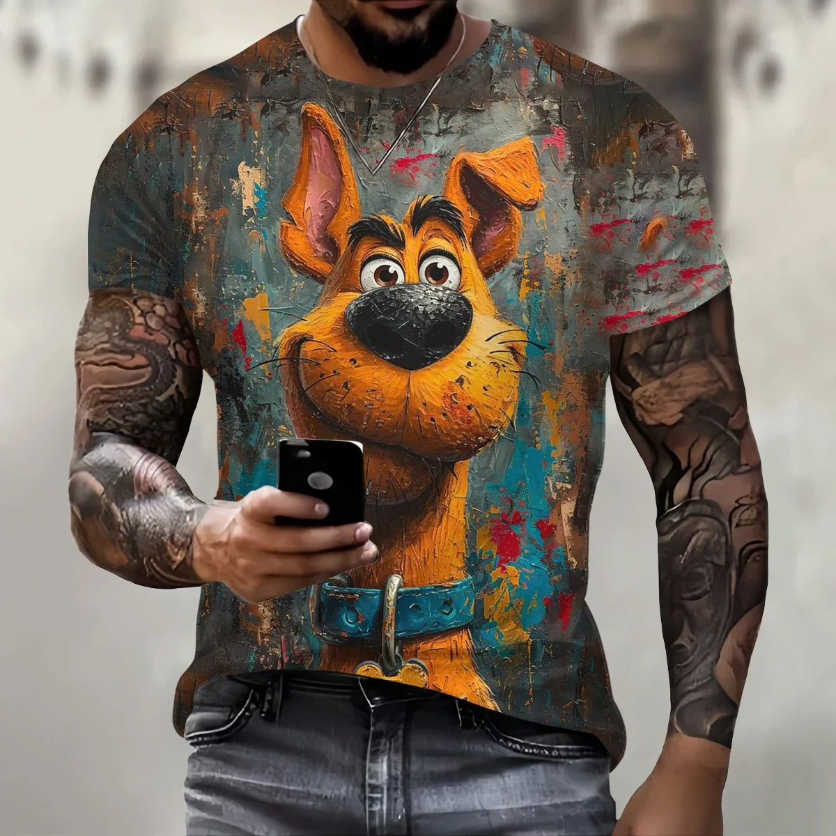 Men\'s 3D dog pattern fun T-shirt, round neck loose casual short sleeved shirt, fashionable and trendy clothing, summer oversized