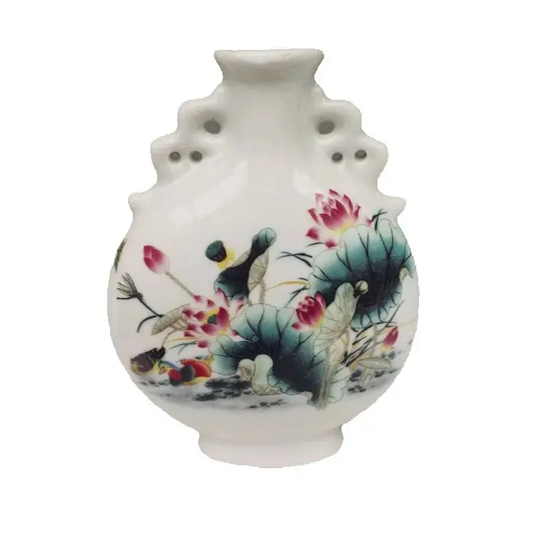 Pastel Lotus Patterned Old Chinese Porcelain Double-Eared Flat Vase for Home Decor