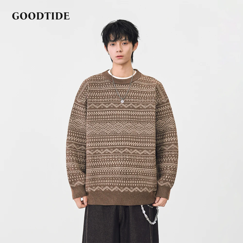 Fashion Men's Casual Crew Neck Sweater 2025 Winter New Ethnic Pattern Knitted Pullover Comfortable Soft Long Sleeve Jumper Top