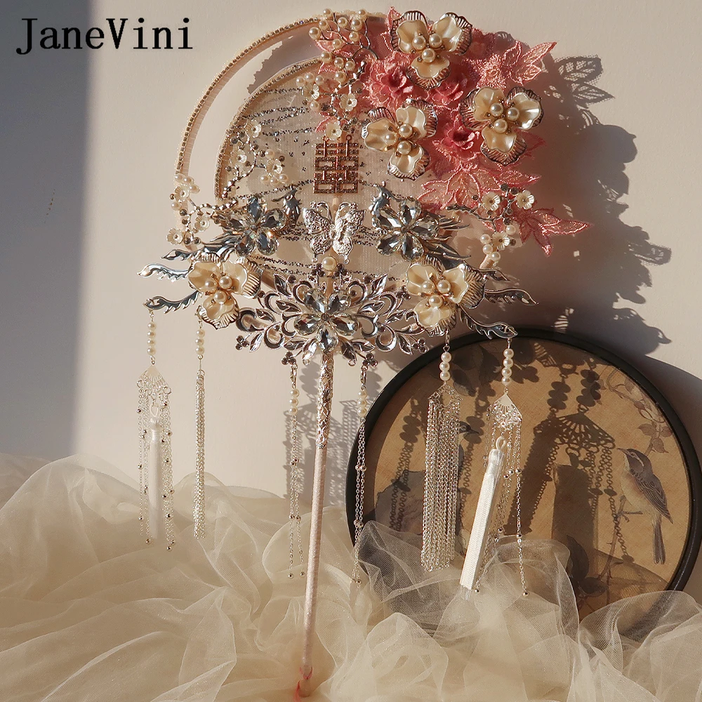 JaneVini Luxury Silver Jewelry Bridal Hand Fan Pearl Pink Lace Applique Chinese Bride Hanfu Fan Type Wedding Bouquet Accessories