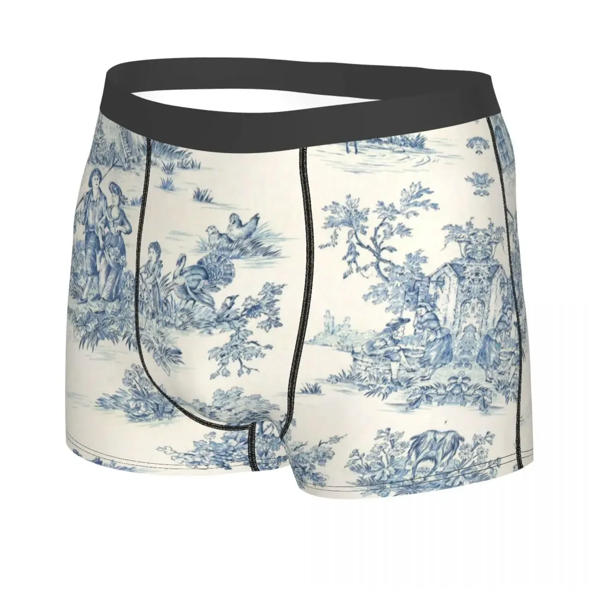 French Navy Blue Toile De Jouy Blue Underwear Men Printed Customized Motif Boxer Shorts Panties Briefs Soft Underpants