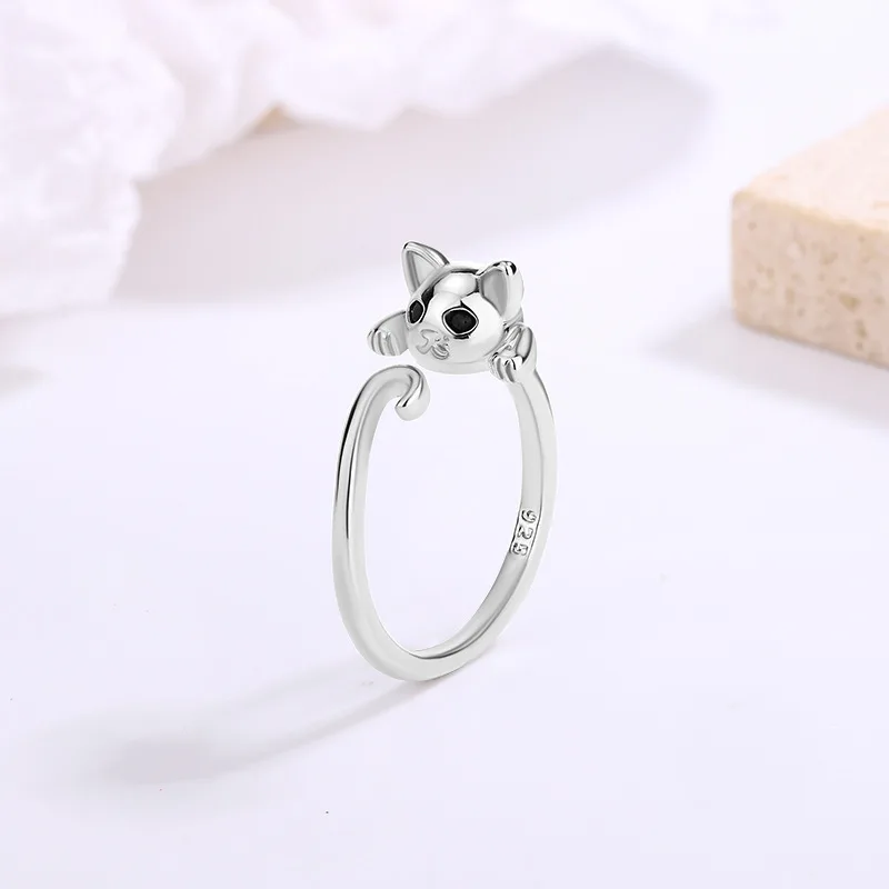 Anillo de Plata de Ley 925 con forma de gato para mujer y niña, sortija abierta con diseño de Animal bonito, ideal para regalo de boda y fiesta, 925