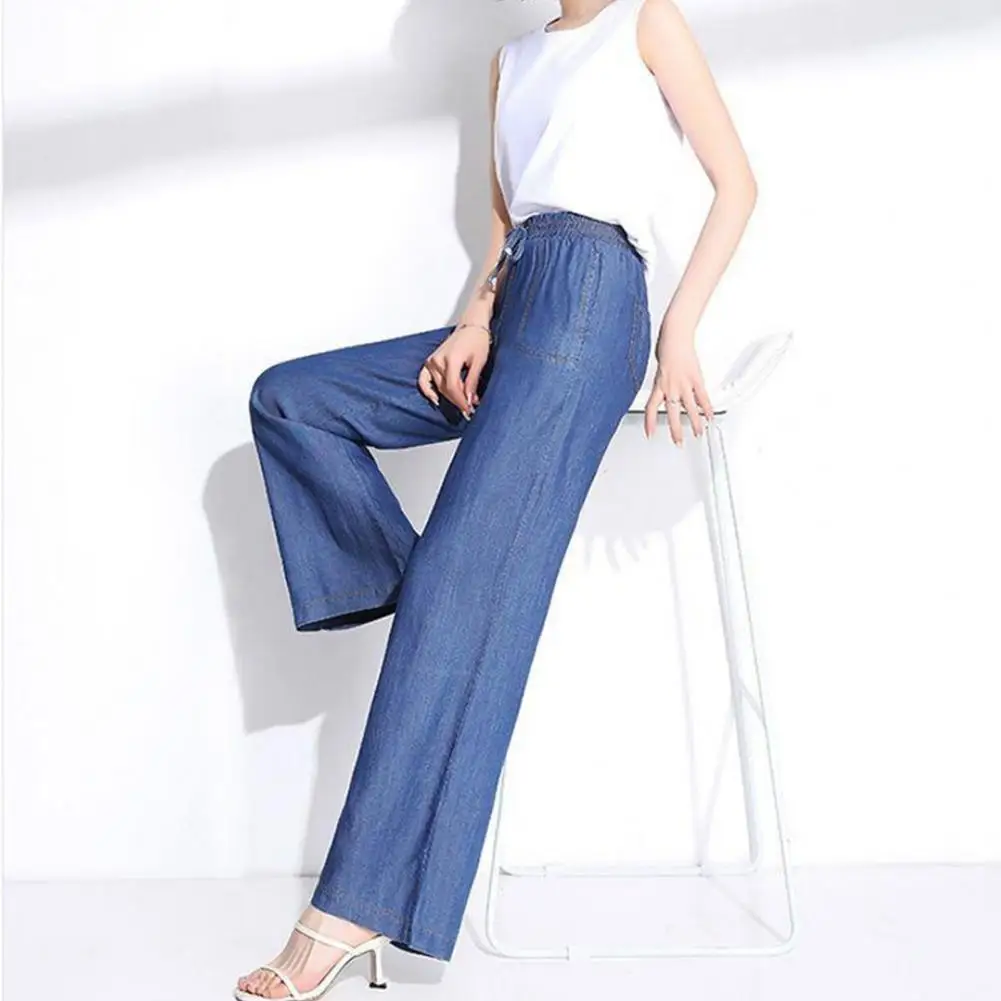 Women's Trousers Wide Leg Jeans with Drawstring Elastic Waist Multi Pockets Pocketed Denim Pants