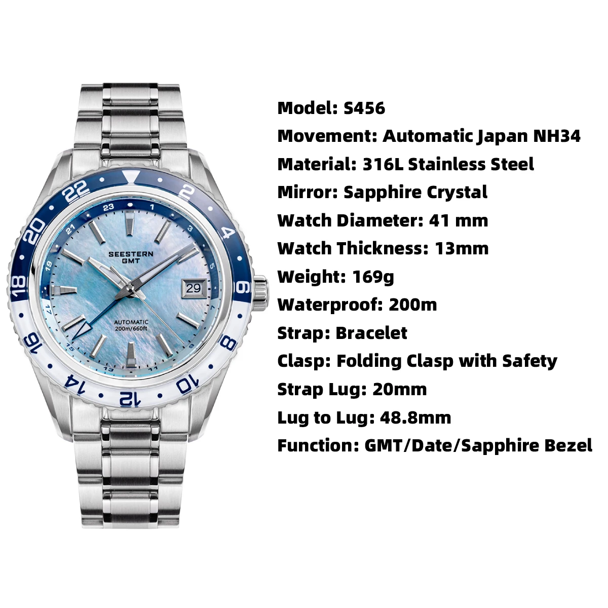 SEESTERN Men of Watch Office GMT Automatic NH34 Movement Sapphire Glass Bezel 20bar Waterproof Diver Mechanical Wristwatch S456