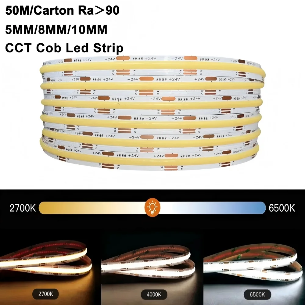 50m/Carton Diy Indoor Atmosphere CCT Dimmable Cob Led Light Strip 24V Tv Backlight Light Strip