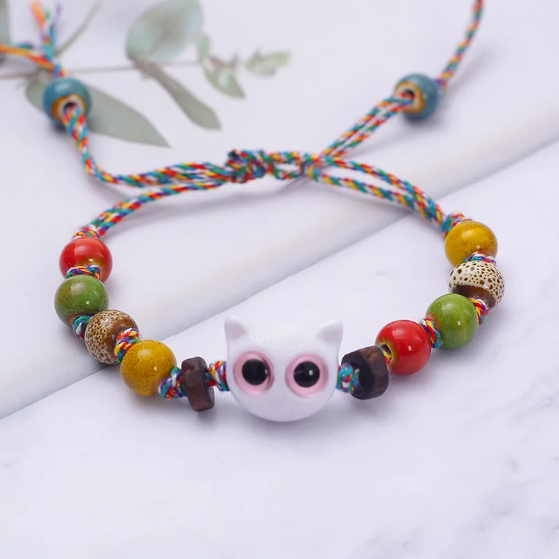 Cute Big Eyed Cat with Colorful Woven Drawstring Ceramic Bracelet Vintage Jingdezhen Handmade Bead String Jewelry Accessories
