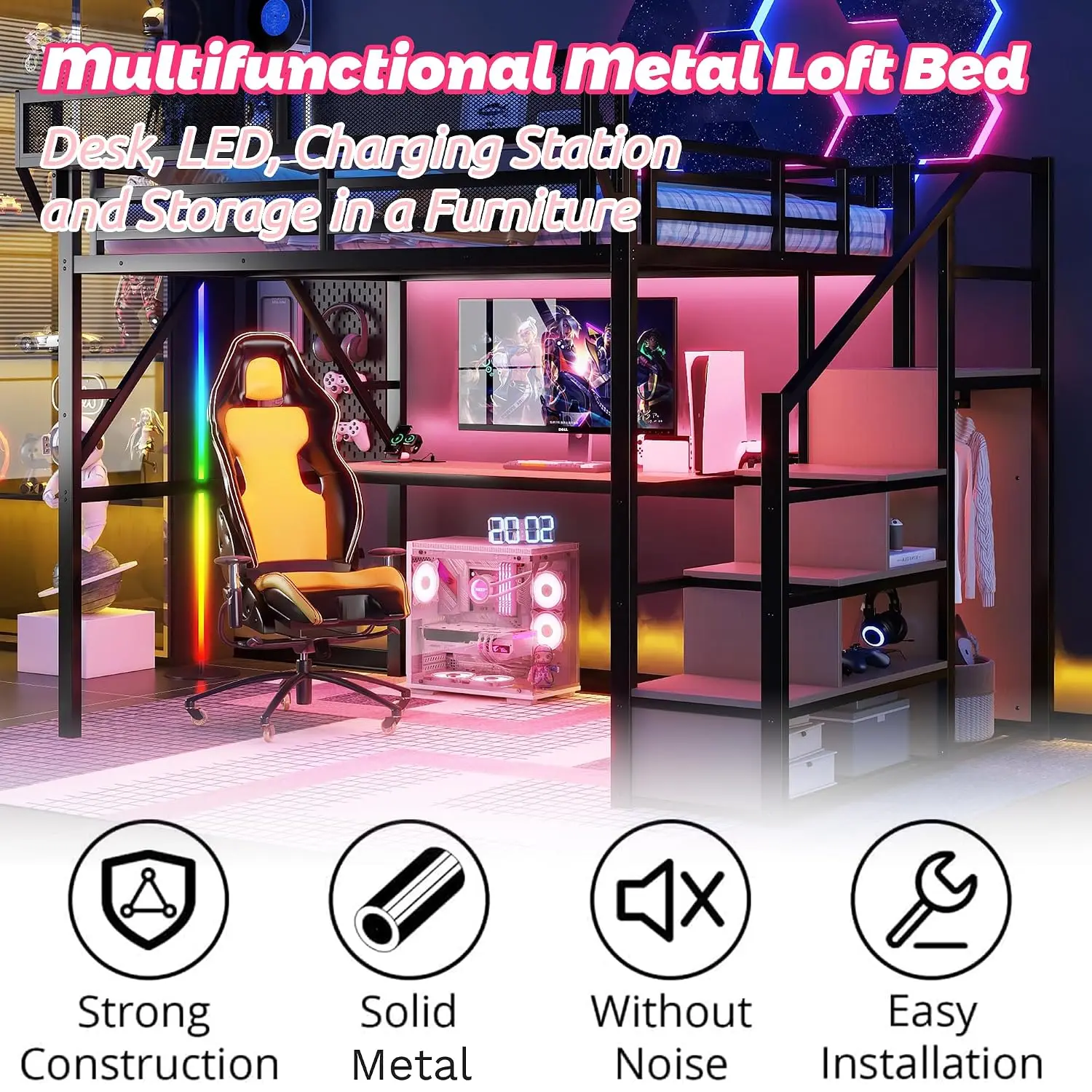 Metal Loft Bed with Desk & RGB LED,Queen with Stairs & Charging,Kids Loft Bed with Storage & Wardrobe,Customized image 3