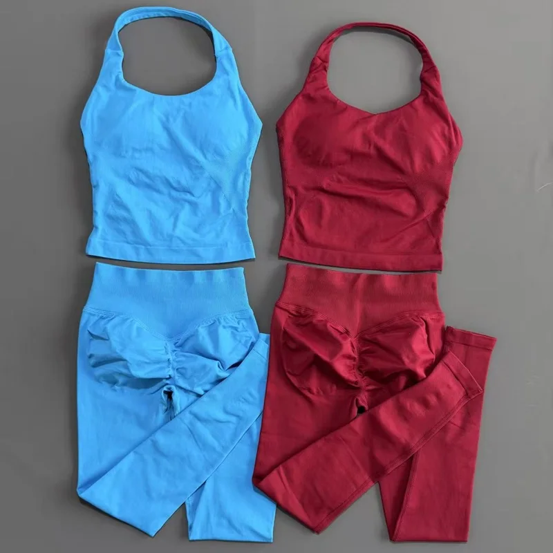 HISTELLO 2 Piece Yoga Set Women Seamless Padded Sports Crop Top Butt Lifting Leggings Stretch Breathable Suit Gym Workout Outfit view 4